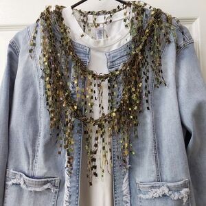 Elegant Gold and Green Silk Ribbon Scarf.